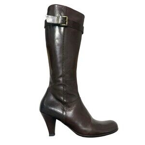 Tenzone Italy Brown Leather Knee High Boots Size 36 Kitten Heel Buckle with Box